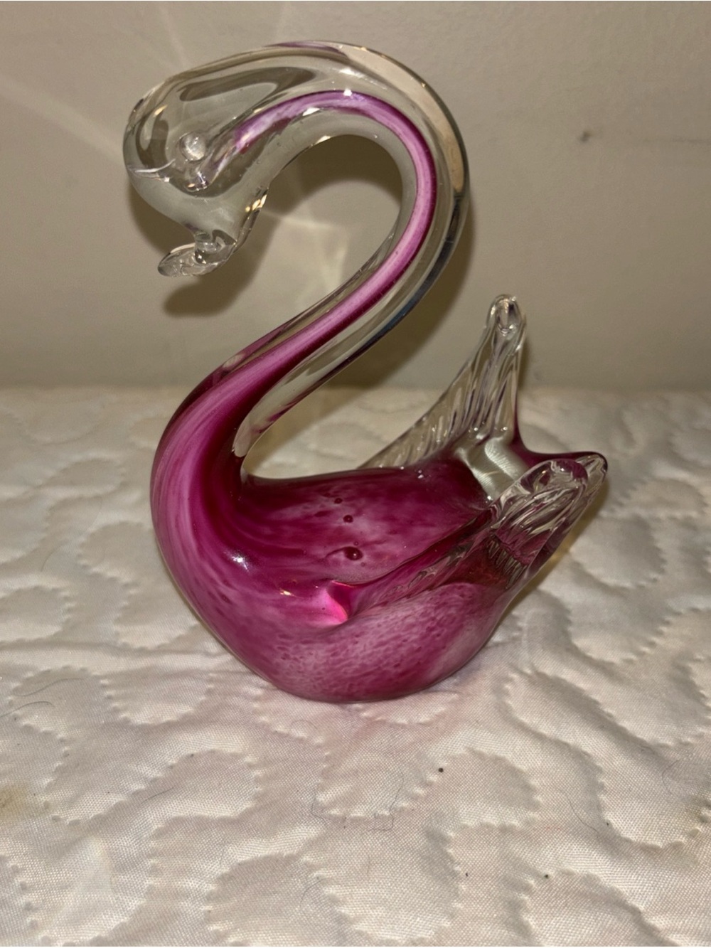 Handblown Pink Glass Swan Figurine - Decorative Glass Art